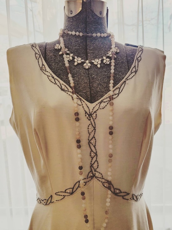 Vintage Dresses & Skirts - Vintage Cream Beaded V-Neck Dress with Brown  Embroidery beading
